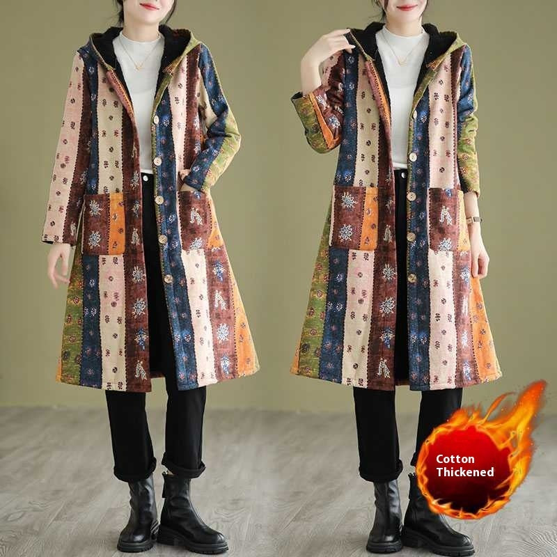 Ethnic Style Fleece-lined Thick Mid-length Trench Coat ARZ