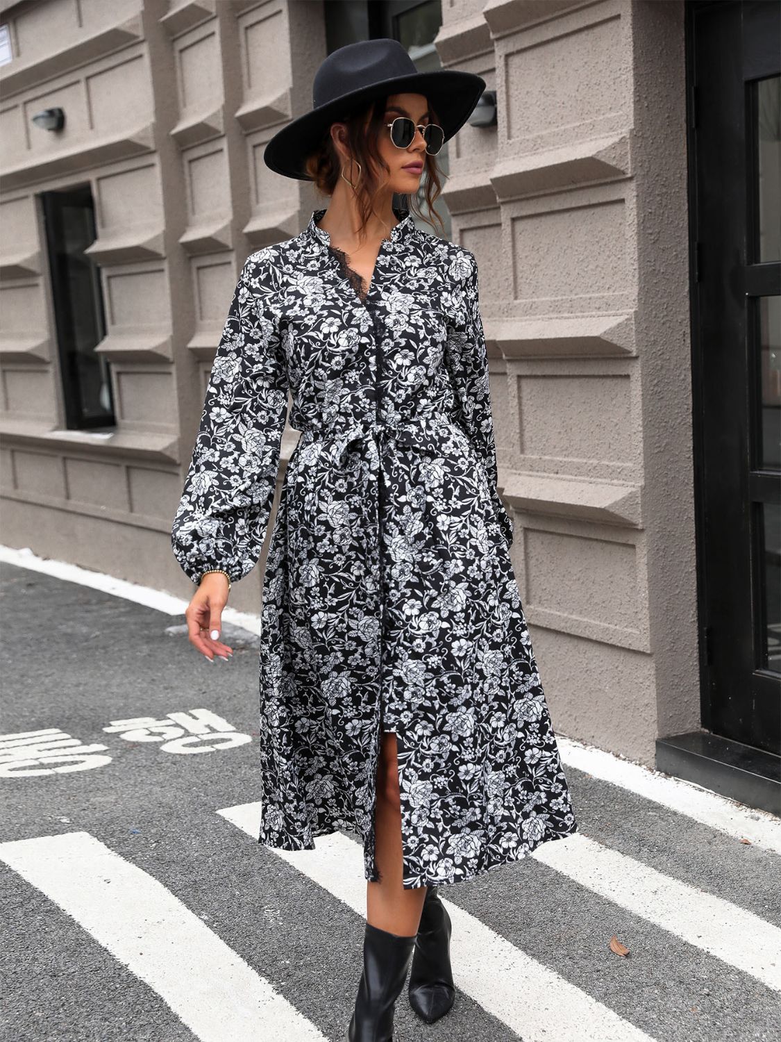 Perfee Lace Detail Printed Long Sleeve Midi Dress Trendsi