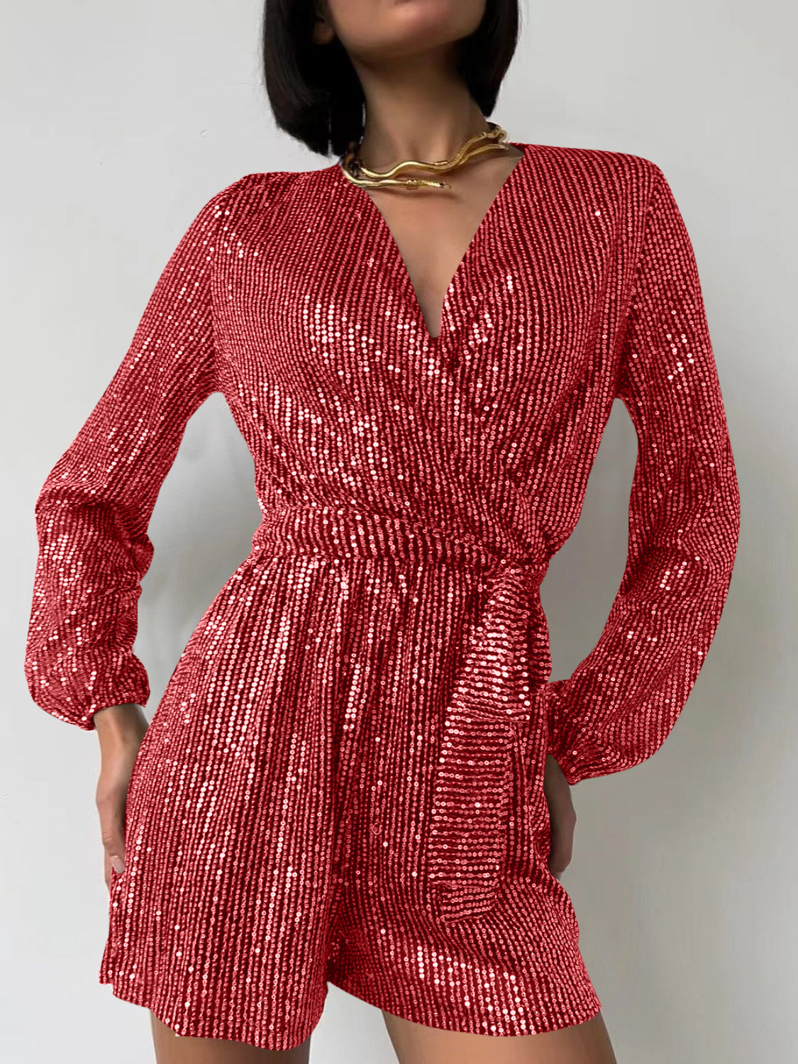 Full Size Sequin Surplice Tie Waist Long Sleeve Romper Trendsi