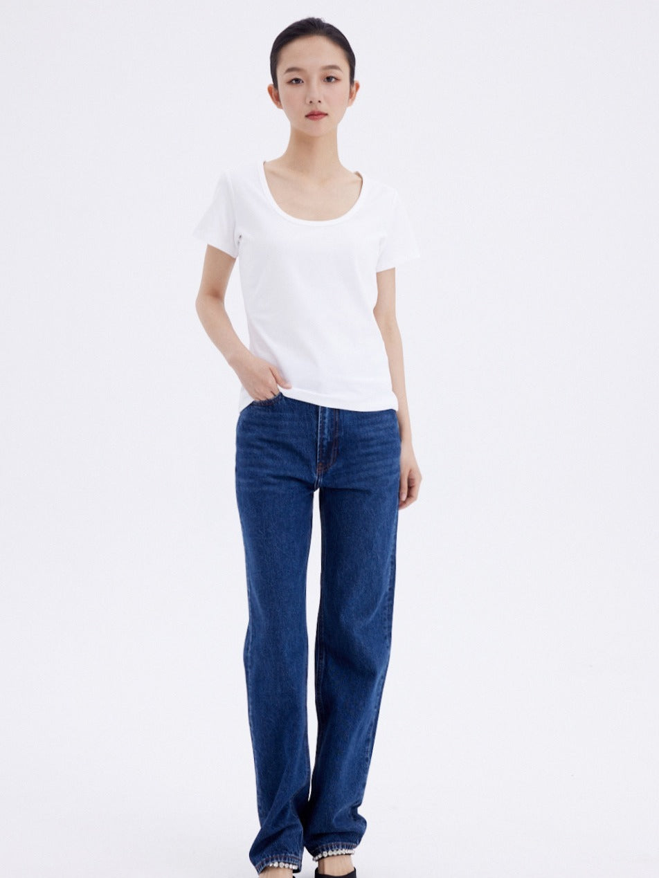 Simple Style Women's Dark Blue Small Straight-leg Jeans ARZ