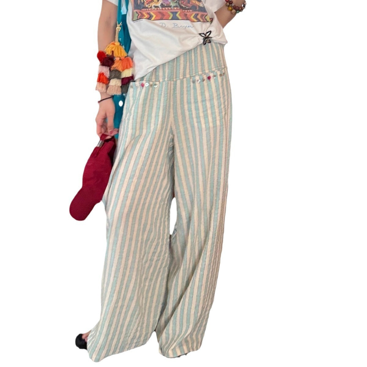 Green Lazy Relaxed Striped Cotton And Linen Casual Trousers ARZ