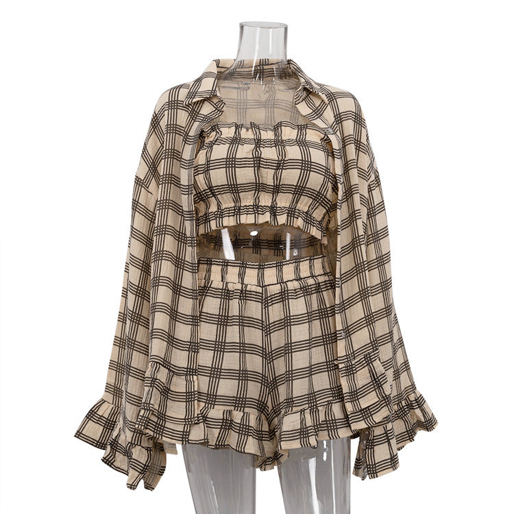 Retro Loose Outfit Long Sleeve Plaid Shirt Tube Top Shorts Fashion Casual Three-piece Suit ARZ