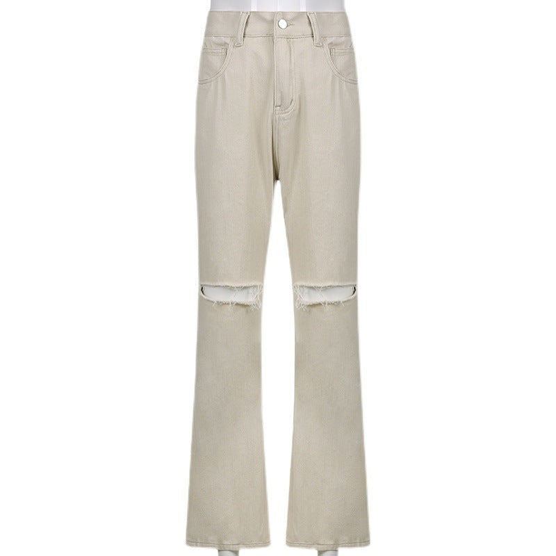 Casual Wide-leg Pants Ripped High-waist Denim Trousers ARZ