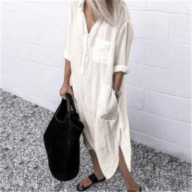 Elegant Solid Color Slit Dress Long Shirt Dress ARZ