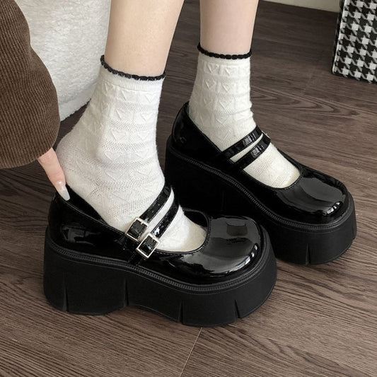 Round Head Increased Retro British Style Black Platform Leather Shoes Women's Spring And Autumn New French Style ARZ