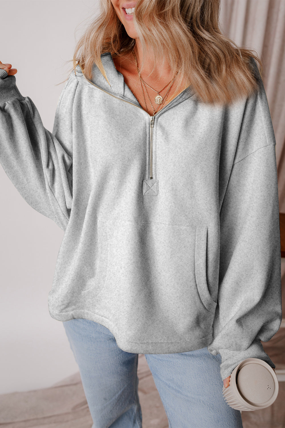 Pocketed Half Zip Dropped Shoulder Hoodie Trendsi