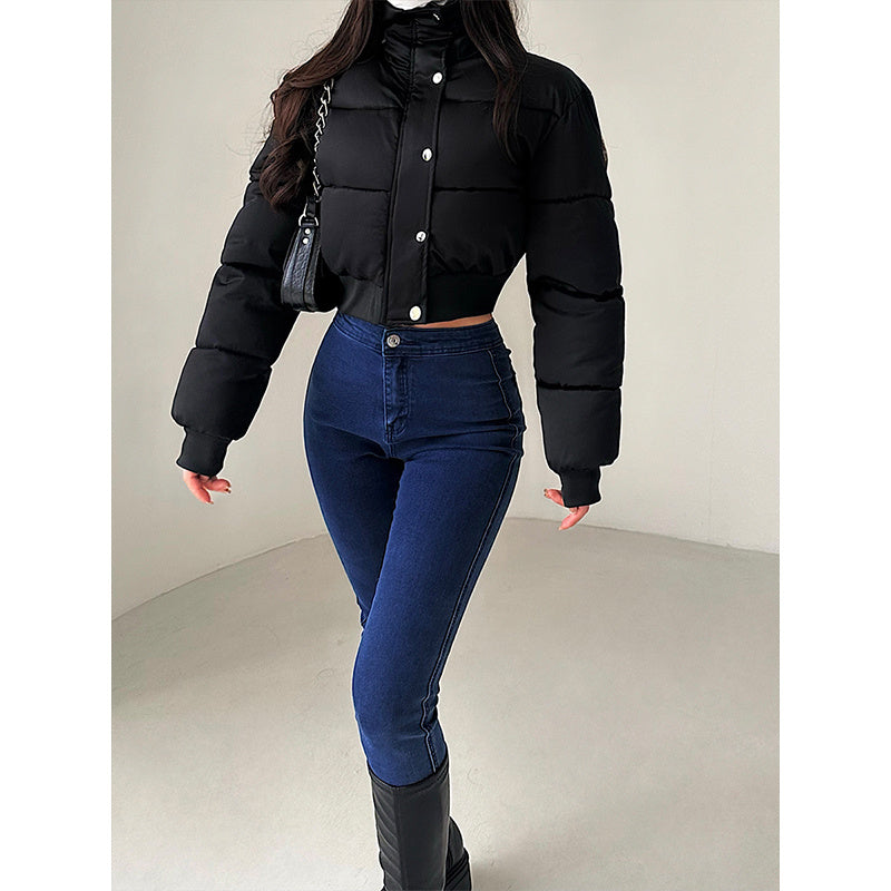 Hot Girl Fashionable Stand Collar Zipper Elastic And Waisted Warm Quilted Jacket Short Cotton Coat Women ARZ