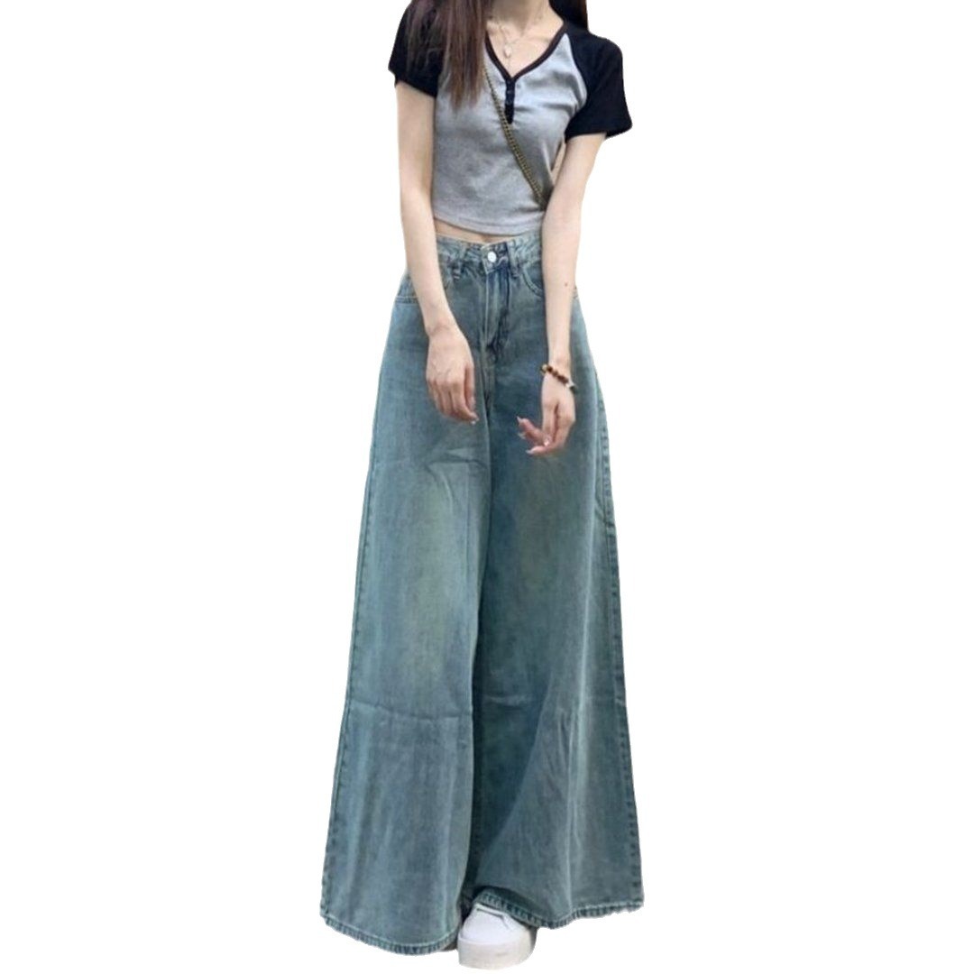 Washed-out Vintage Wide Leg Jeans High Waist Slimming ARZ