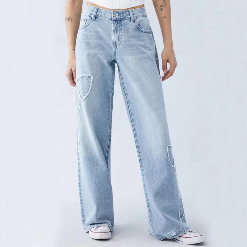 Women's Straight Trousers Embroidered Side Frayed Butterfly Jeans Street Design Hot Girl Baggy Pants ARZ