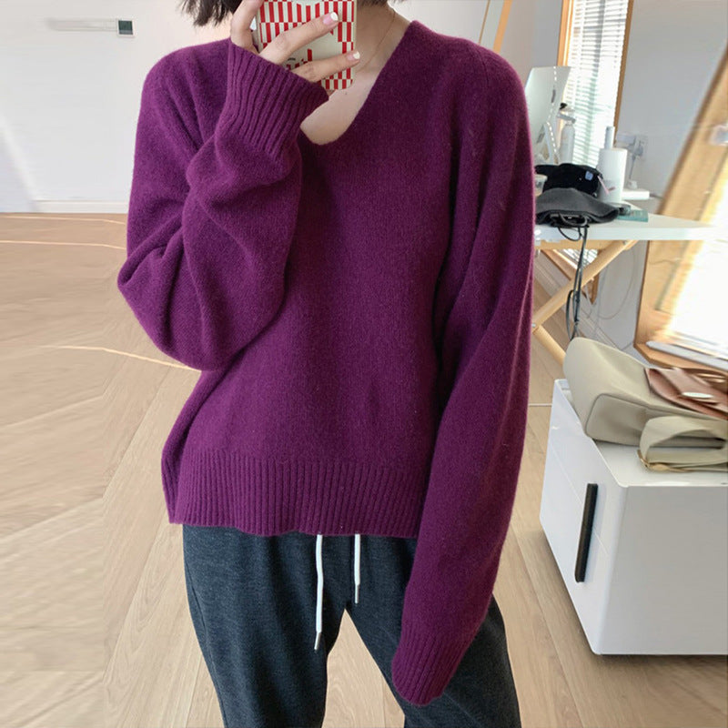 Simple Basic V-neck Casual Style Knitwear Soft Glutinous Small Short Bottoming Shirt Sweater ARZ