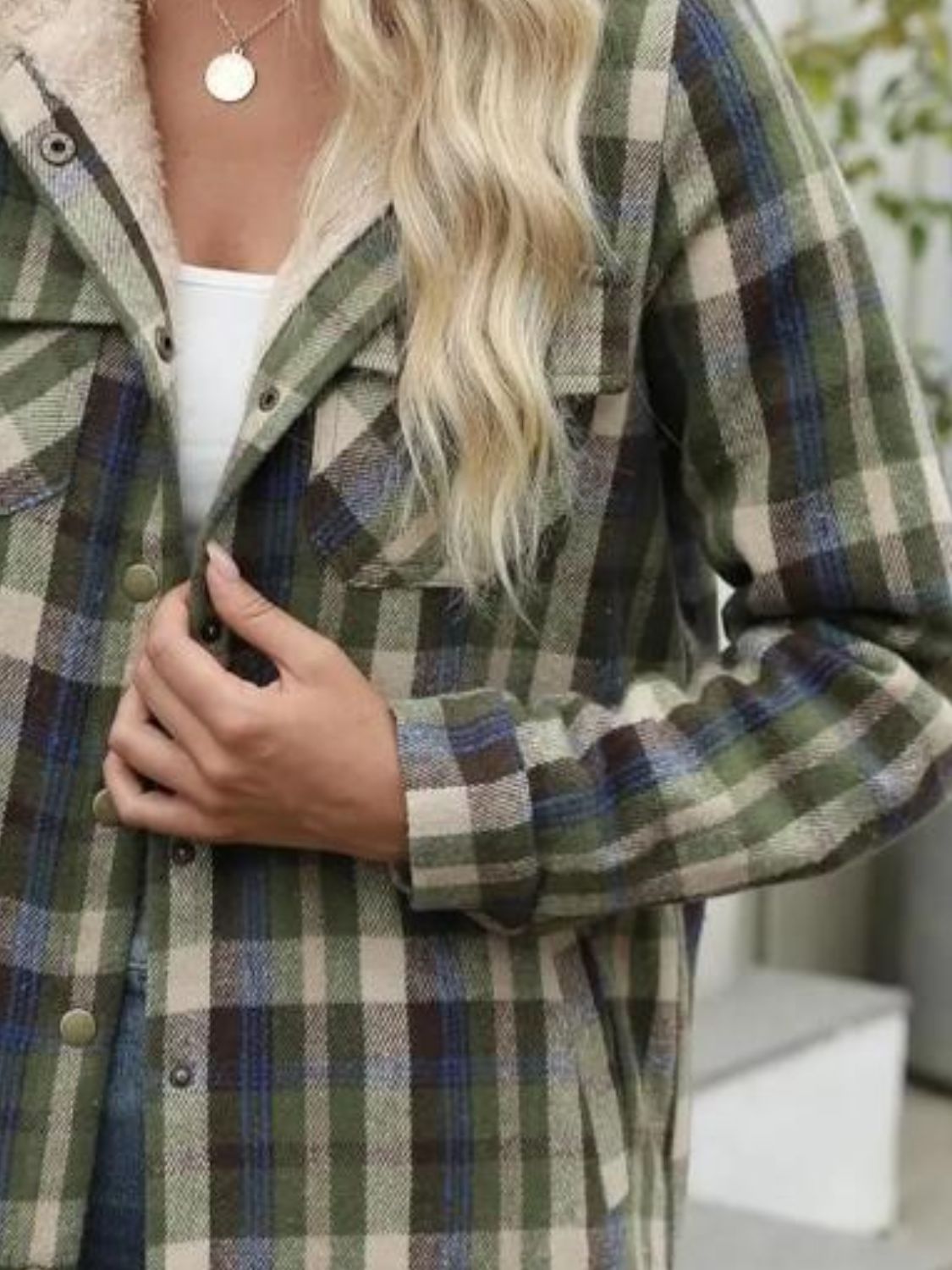 Plaid Snap Down Plush Hooded Jacket Trendsi