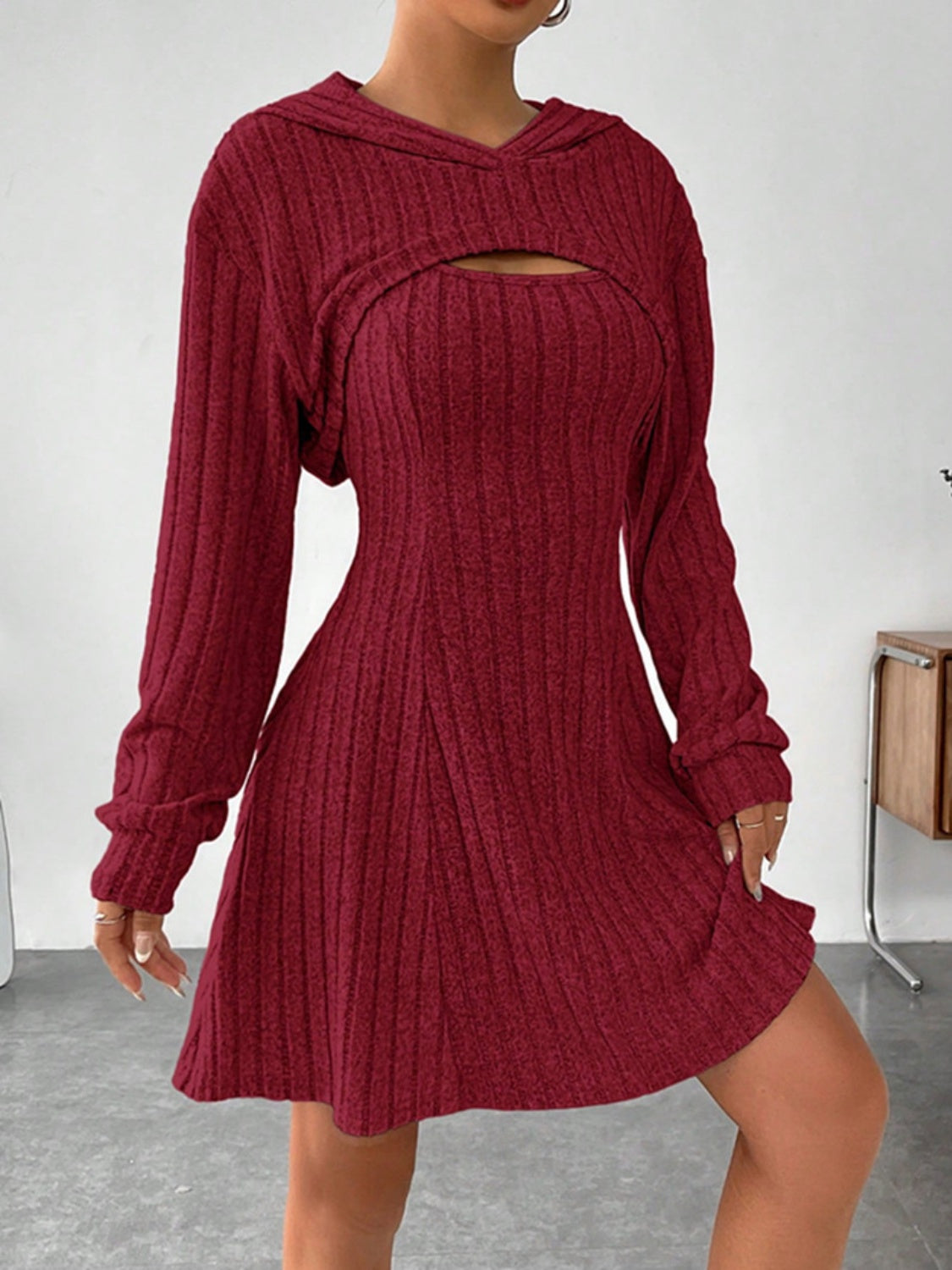 Wide Strap Dress and Long Sleeve Hooded Top Set Trendsi