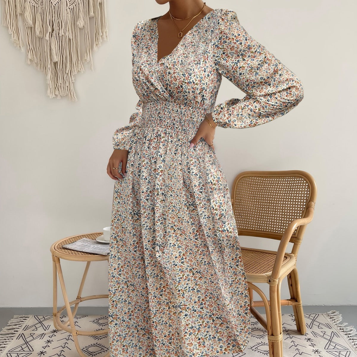 Women's V-neck Floral Print Long Sleeve Dress ARZ