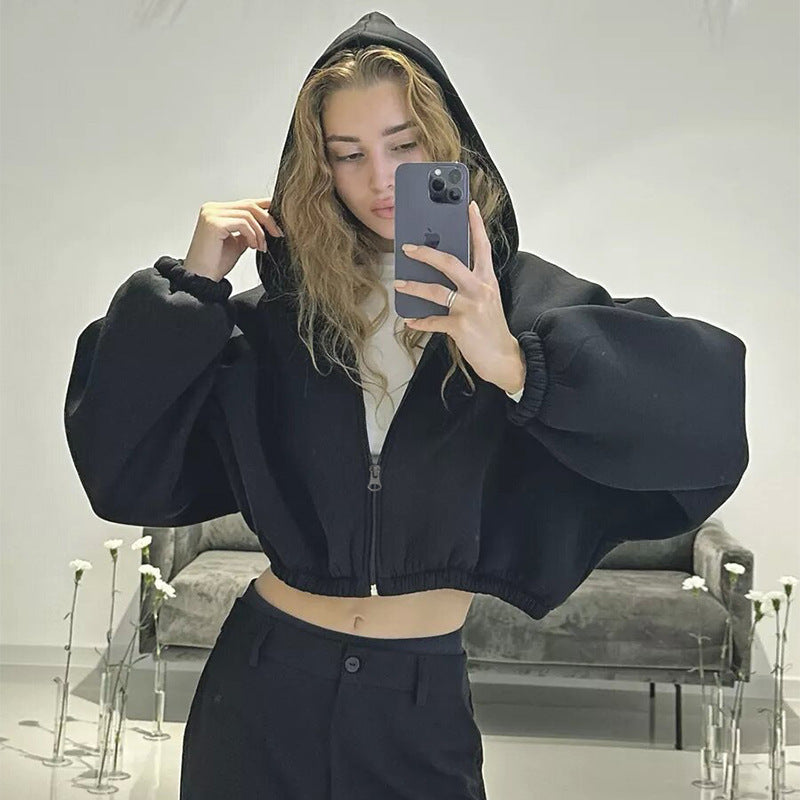 Casual Solid Color Hooded Short Jacket Y2K Fashion Sports Sweatshirt Long Sleeve Zip Up Cardigan Hoodies Women's Clothing ARZ