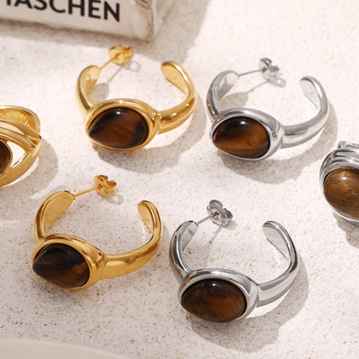 Stainless Steel Natural Tiger's Eye C-Hoop Earrings Trendsi