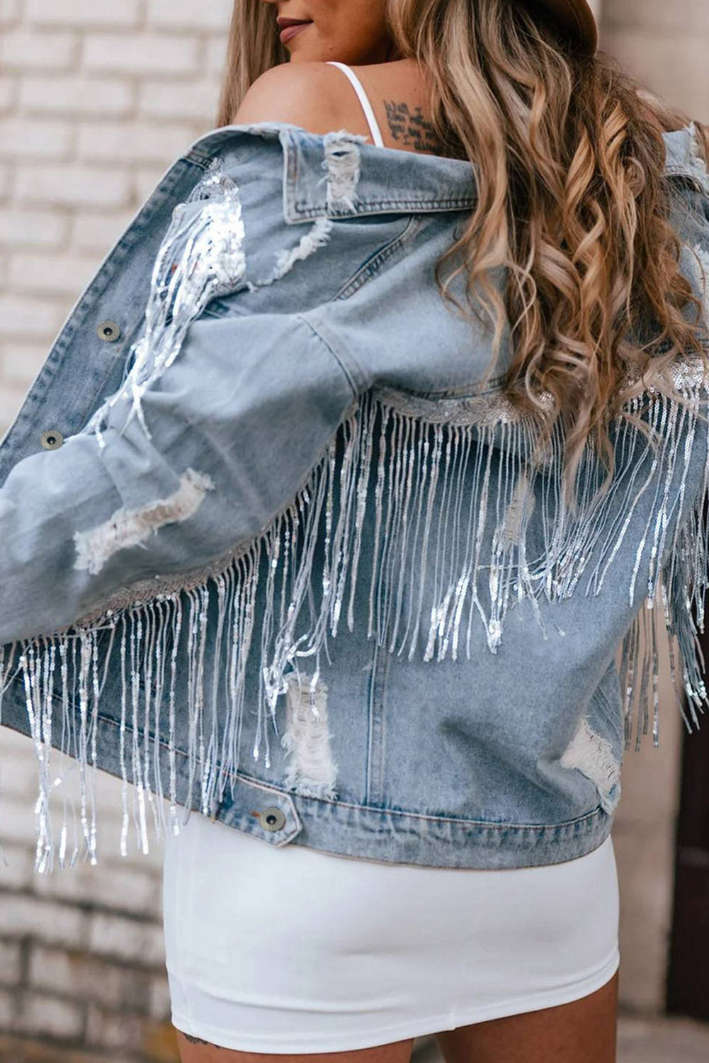 Sequin Fringe Trim Distressed Button Up Denim Jacket Trendsi