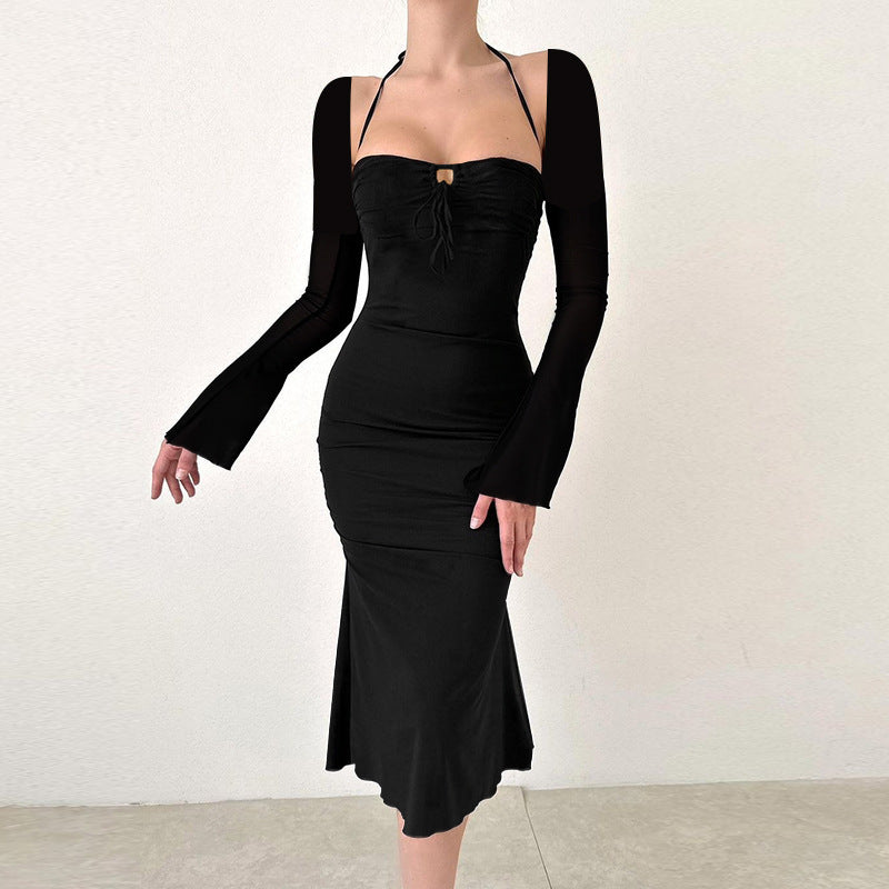 Women's Autumn Halterneck Long-sleeved Thin Strap Slim Fit Dress ARZ