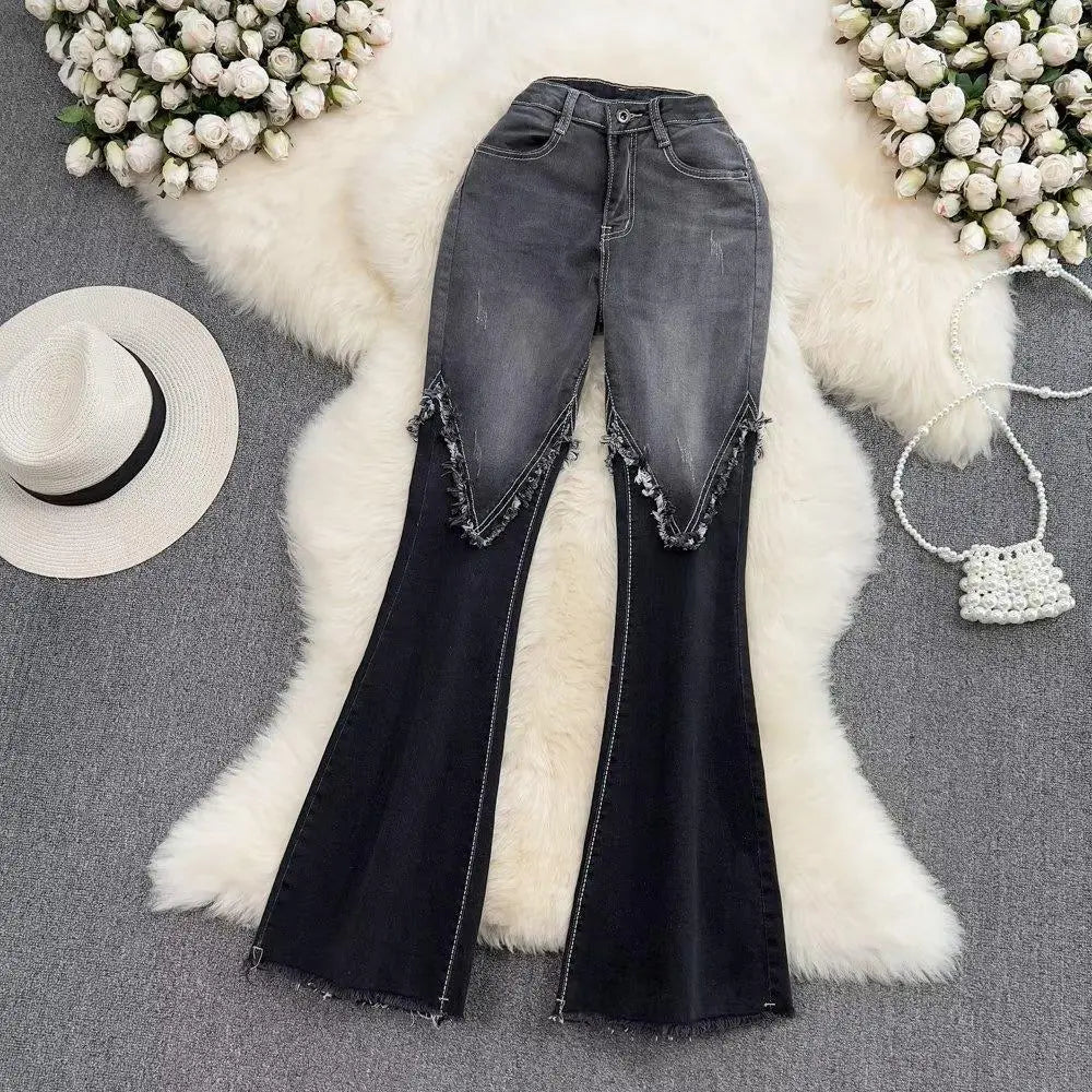 Color Matching Fashionable Elegant Bell-bottom Pants Jeans High Waist Slim Fit Slimming ARZ