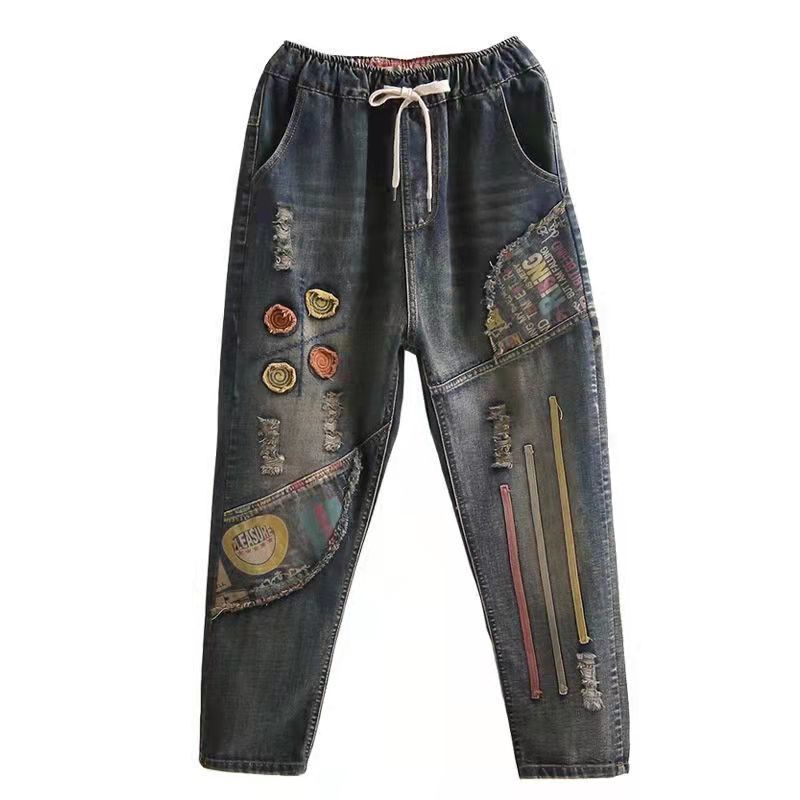 Ethnic Style Embroidered Retro Elastic Waist Jeans ARZ