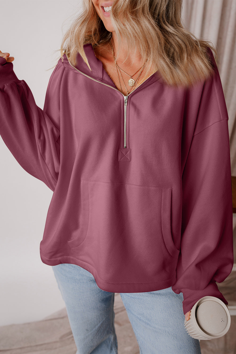 Pocketed Half Zip Dropped Shoulder Hoodie Trendsi