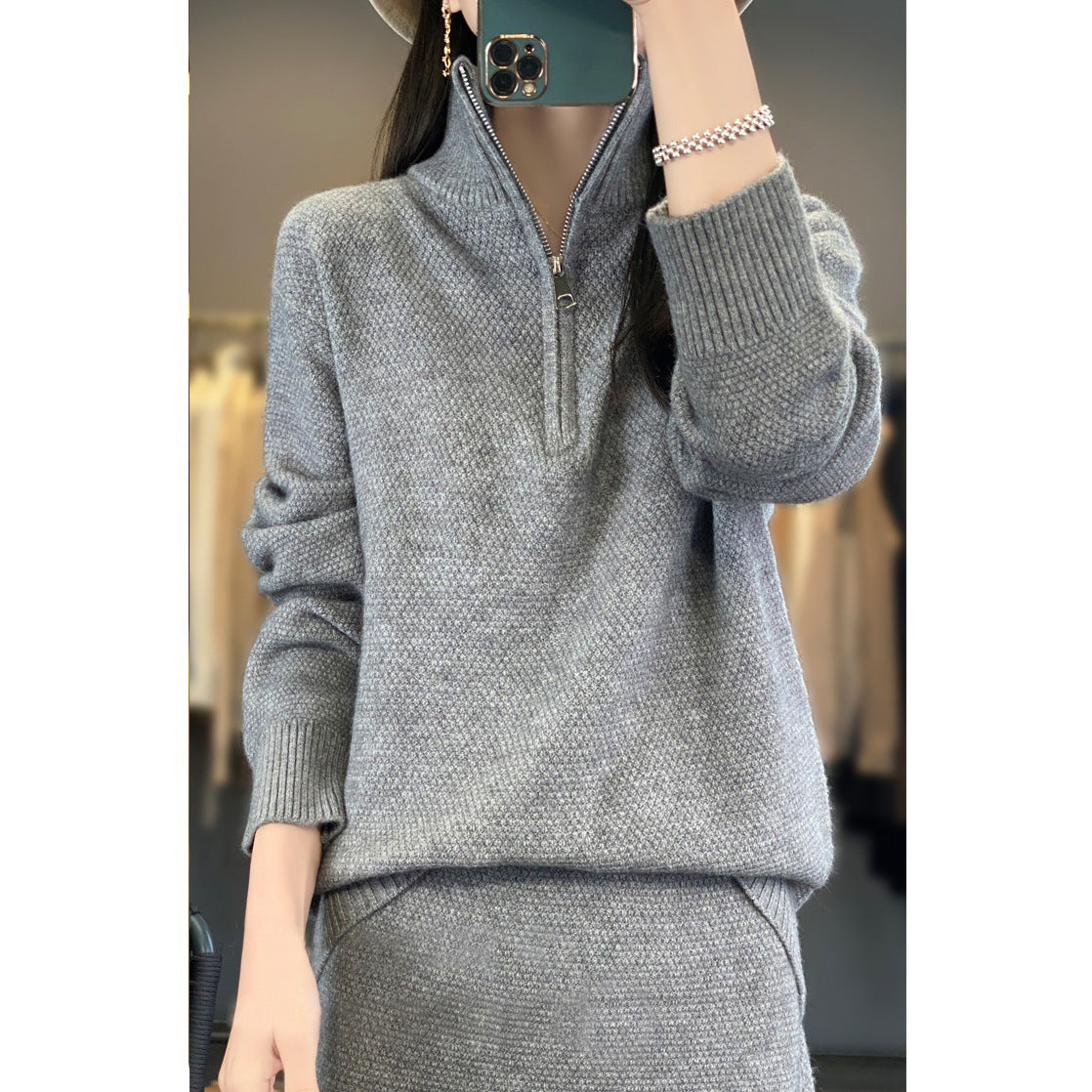 Half Zipper Turtleneck Two-piece Casual Thick Skirt Sweater Set ARZ