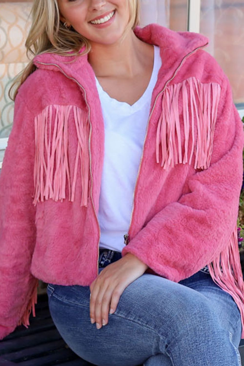 Fringed Zip Up Fleece Jacket Trendsi