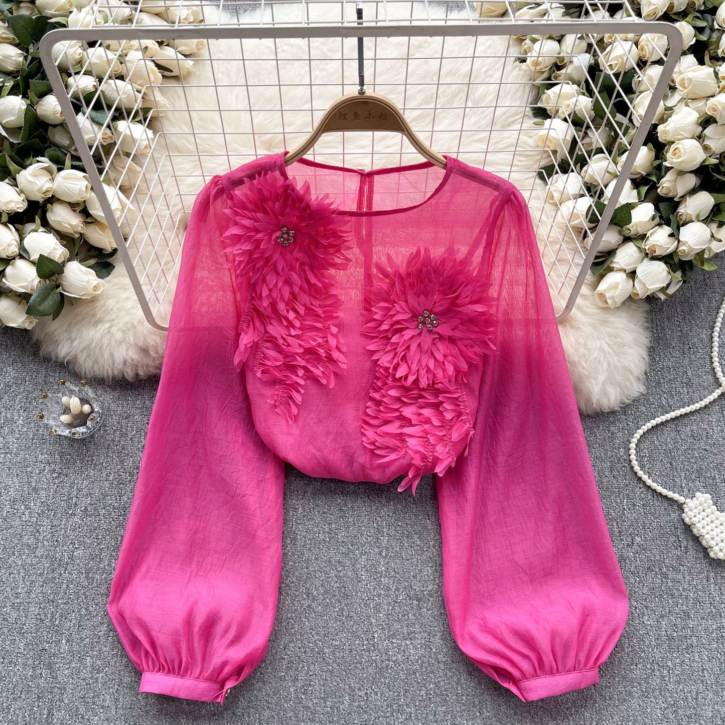 Design Three-dimensional Flower Slim-fit Puff Sleeve Pullover Shirt Women ARZ