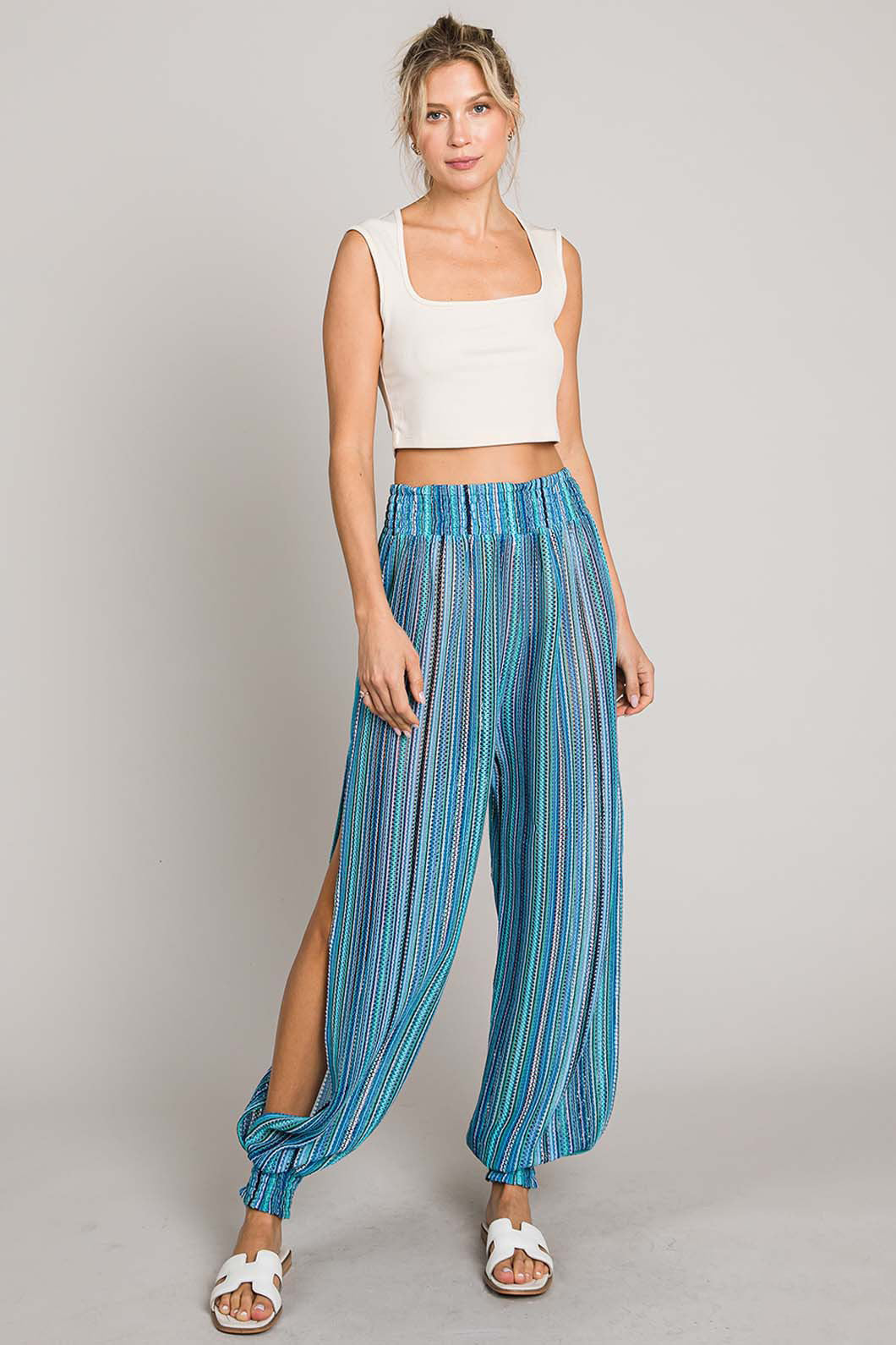 Cotton Bleu Striped Smocked Cover Up Pants | Nu Label Trendsi