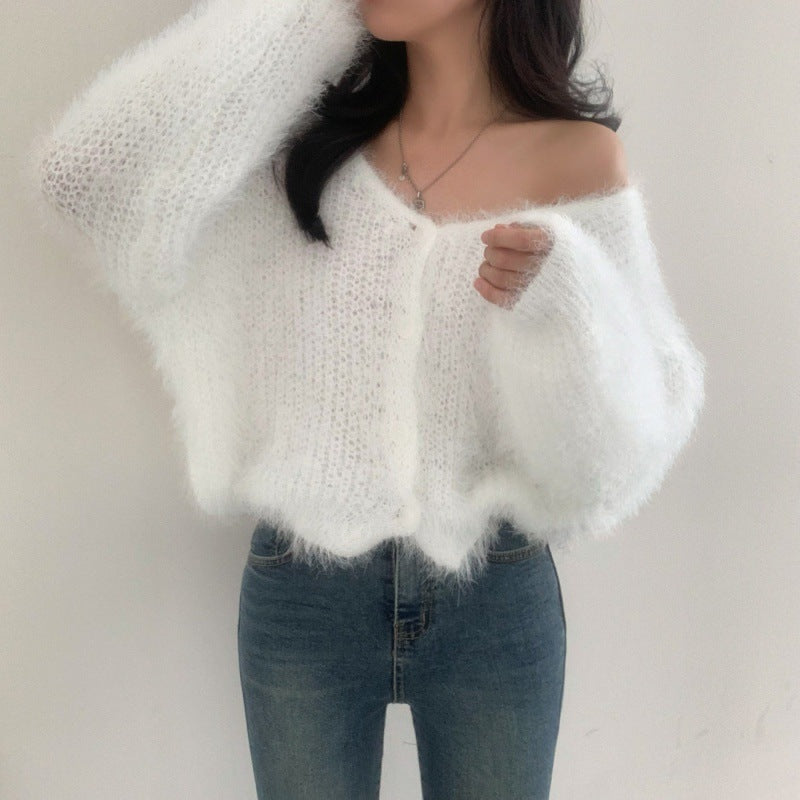 Lazy V-neck Cropped Sweater Coat Women ARZ