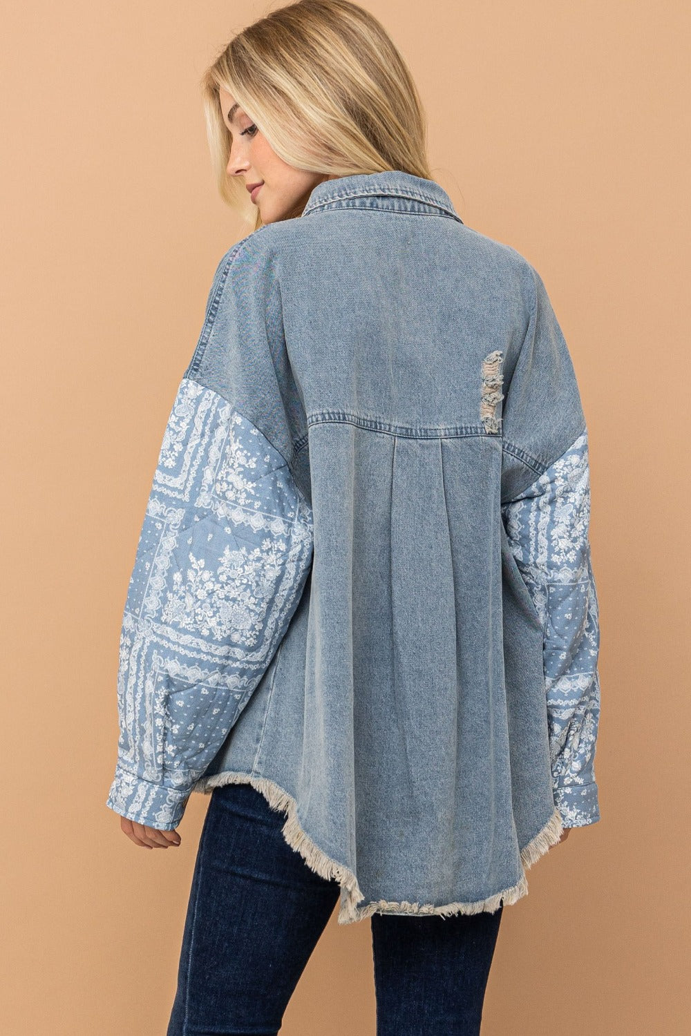 And The Why Full Size Paisley Print Quilted Sleeves Denim Jacket Trendsi