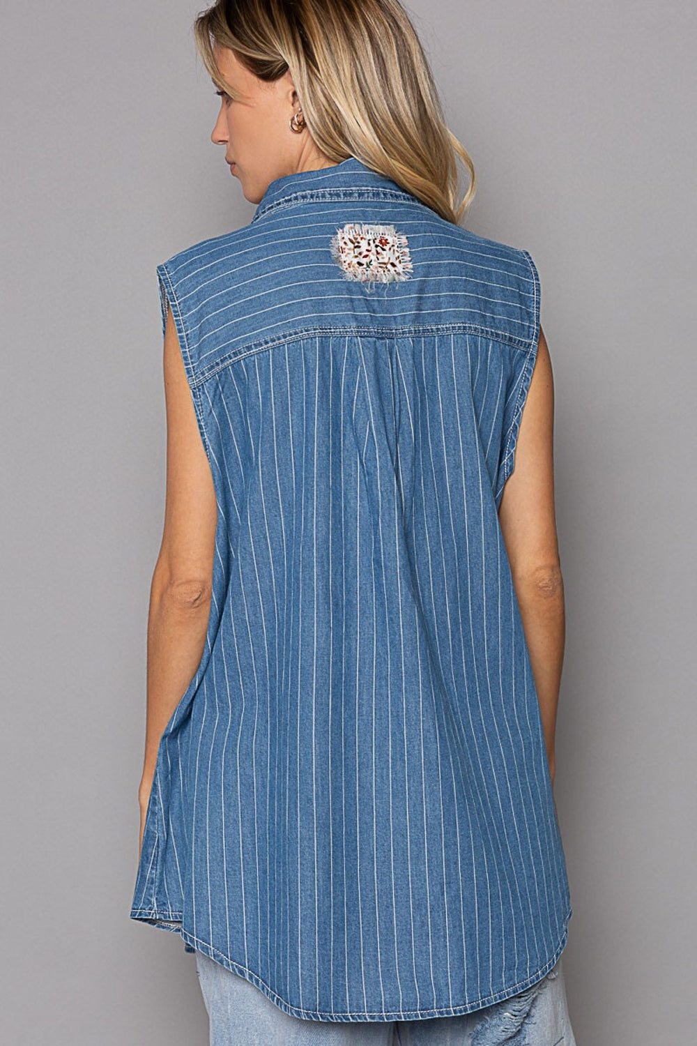 POL Button Down Sleeveless Striped Denim Shirt Trendsi