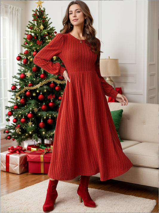 Ribbed Round Neck Long Sleeve Dress Trendsi