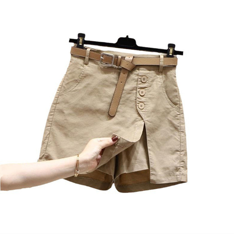 Summer New Button High Waist With Belt Cotton Shorts For Women ARZ