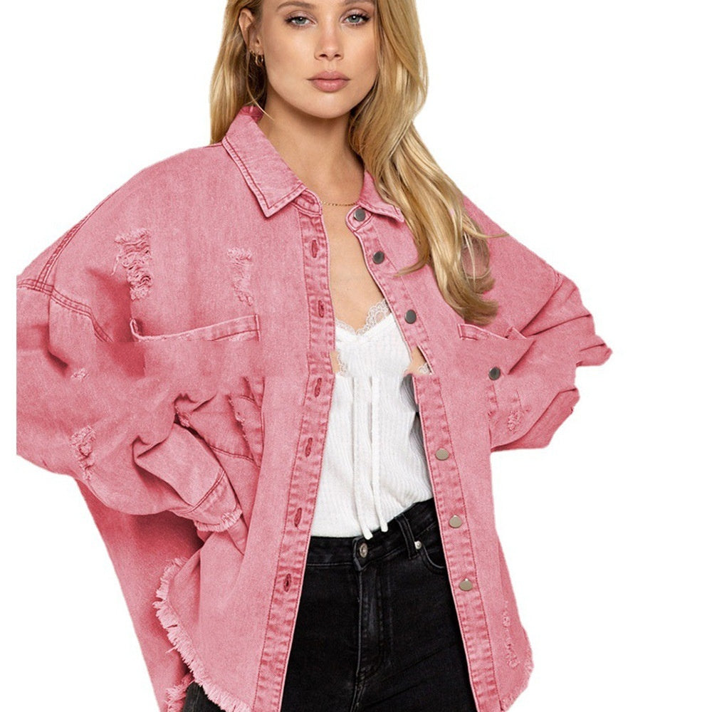 Women's Mid-length Raw Hem Ripped Denim Coat ARZ