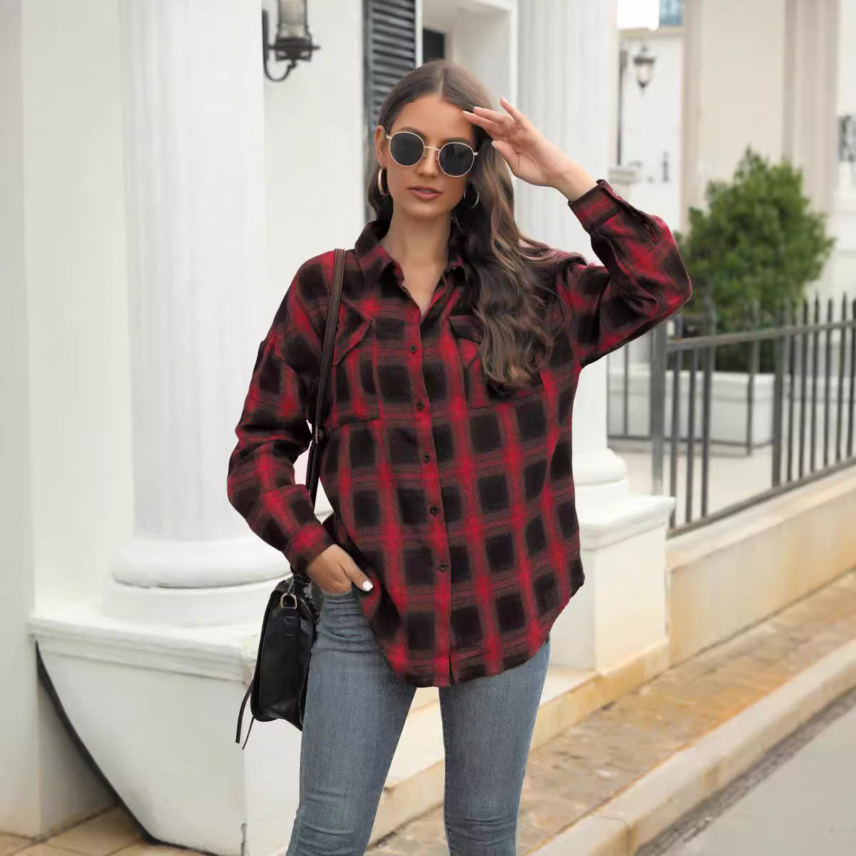 Plus Size Women's Long Sleeve Plaid Button Shirt ARZ