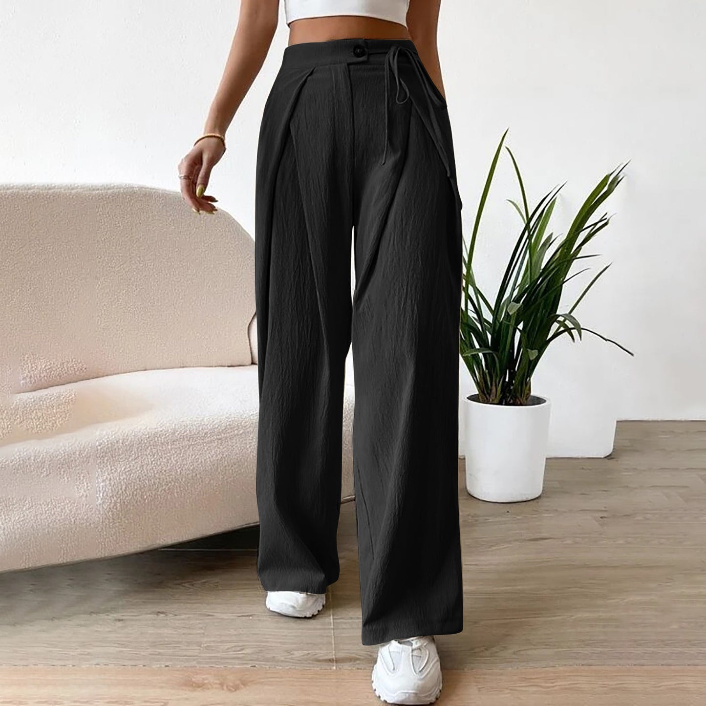 Women's High Waist Drawstring Patchwork Wide-leg Pants Casual Straight Pants ARZ