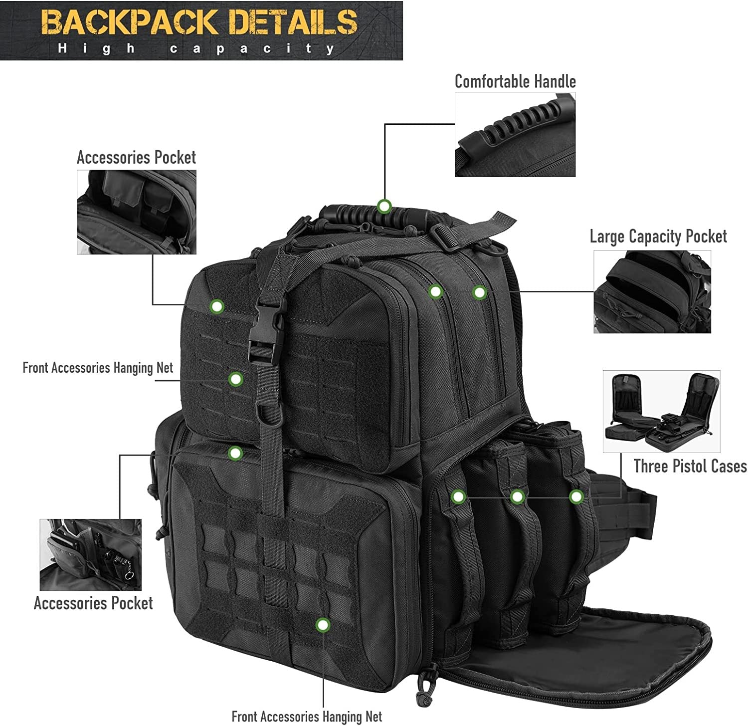 Tactical Range Backpack Bag, VOTAGOO Range Activity Bag For Handgun And Ammo, 3 Pistol Carrying Case For Hunting Shooting ARZ