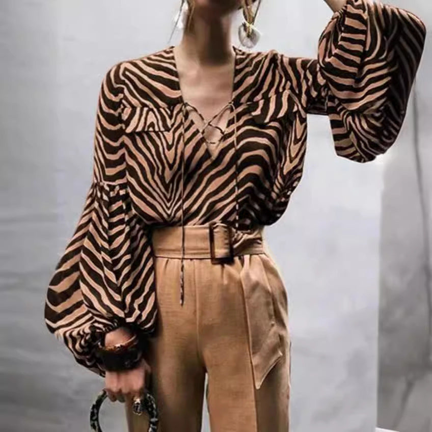 Women's Clothing Spring And Summer  Zebra Prints V-neck Lace-up Long Sleeve Shirt ARZ