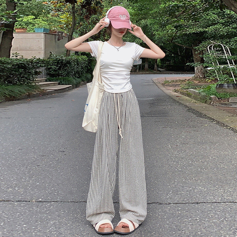 Two-tone Vertical Stripes Thin High Waist Casual Loose Wide Leg Pants ARZ