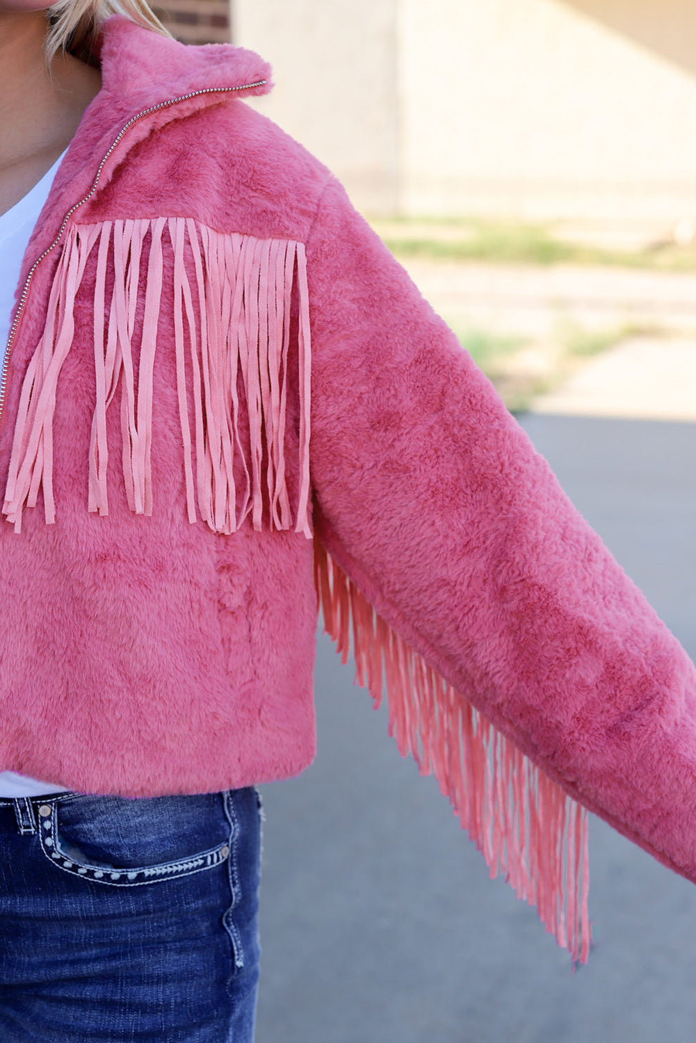 Fringed Zip Up Fleece Jacket Trendsi