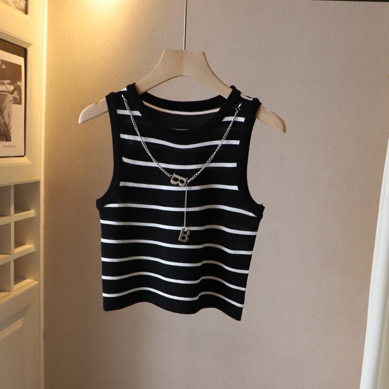 Summer Clothing New Korean Style Women's Contrast Color Striped Round Neck Vest Letter Chain Short Inner ARZ