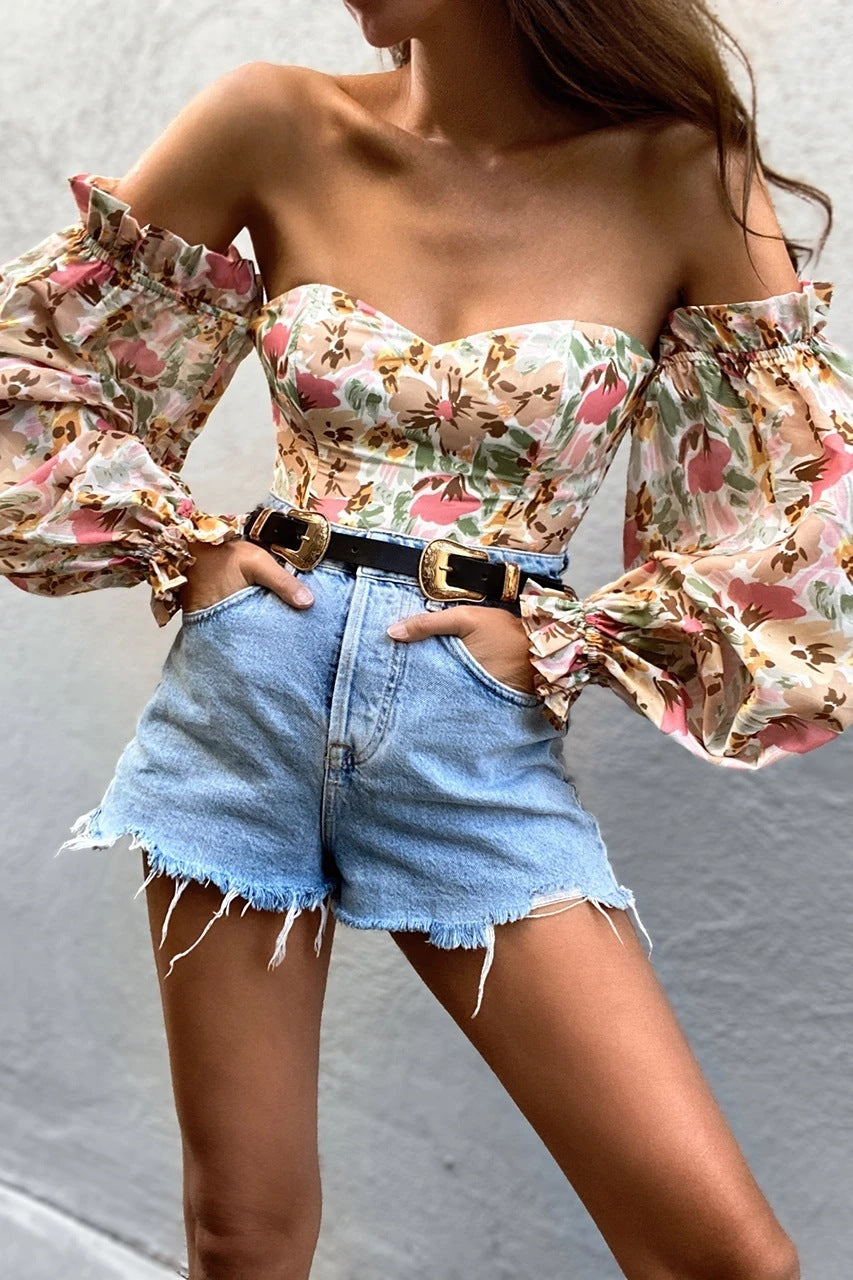 Sexy Off-shoulder Wrapped Chest Printed Lantern Sleeve Chiffon Shirt Blouse ARZ