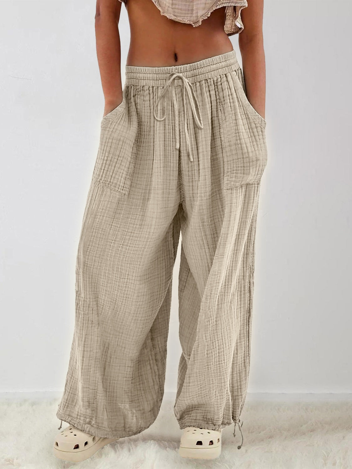 Textured Tied Pants with Pockets Trendsi