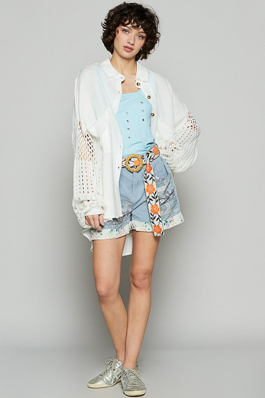 POL Openwork Lantern Sleeve Button Down Gauze Shirt Trendsi