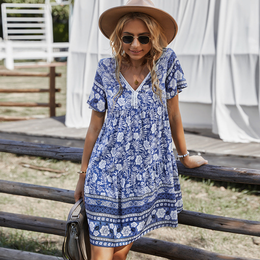 Women's Summer Boho Flower Print V Neck Dress ARZ