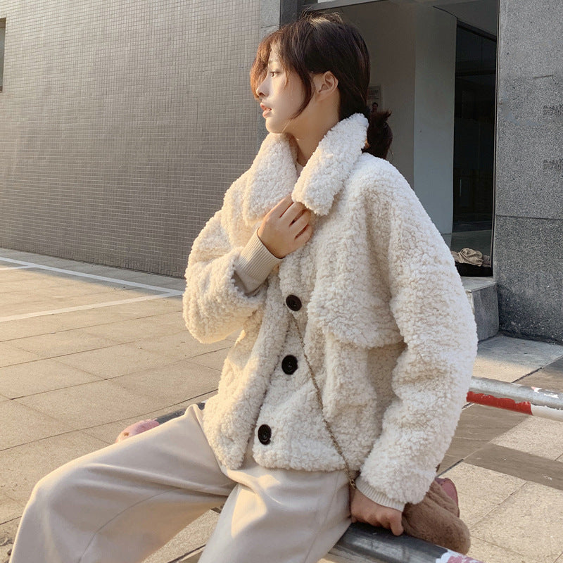 Lamb Wool Coat Women's Short Autumn And Winter Loose Plush Top Thickened ARZ