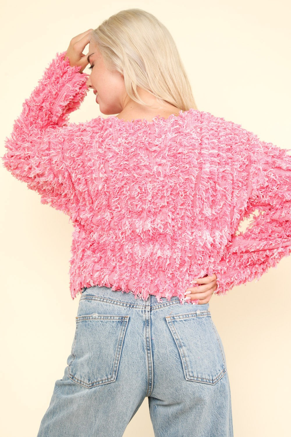 VERY J Shaggy Yarn Knit Zip Up Jacket Trendsi