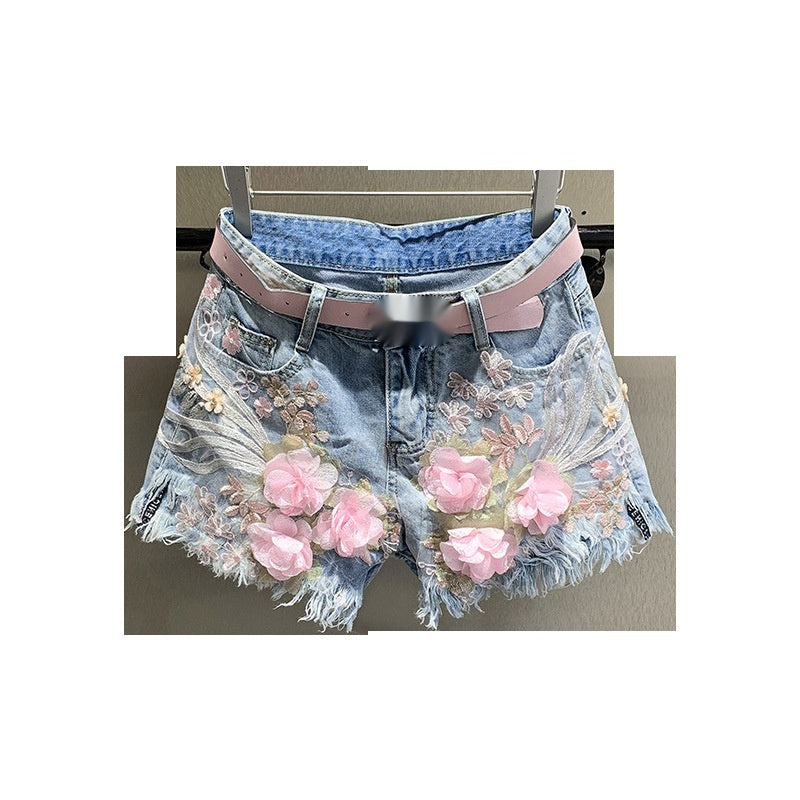 New Embroidery Beads Loose Straight Denim Shorts Women ARZ