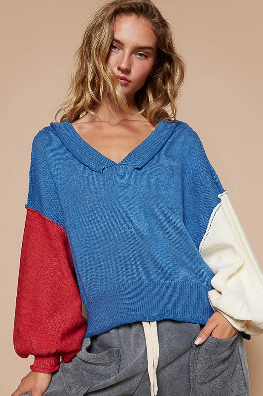 POL Exposed Seam Contrast V-Neck Lantern Sleeve Sweater Trendsi