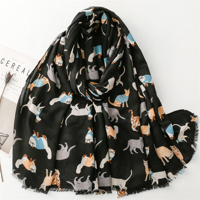 Cotton And Linen Hand Scarf Fashion Cat Cartoon Thermal Shawl ARZ